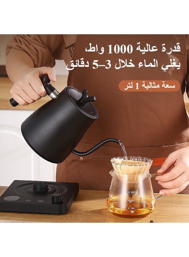 فلوكسهوم غلاية برقبة إوزة سعة 1 لتر V60 لتحضير القهوة بطريقة الصب اليدوي، غلاية ماء ساخن مع ضبط درجة الحرارة بواسطة مقبض وعرض رقمي، عزل حراري تلقائي، مصنوعة من الستانلس ستيل، قدرة 1000 واط، مناسبة للمنزل والمكتب (أسود) - Image 2